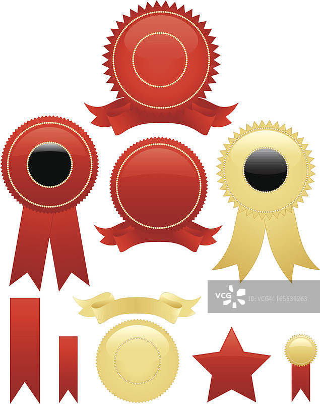 闪亮的红色或金色圆形封印贴纸套装及可选丝带图片素材