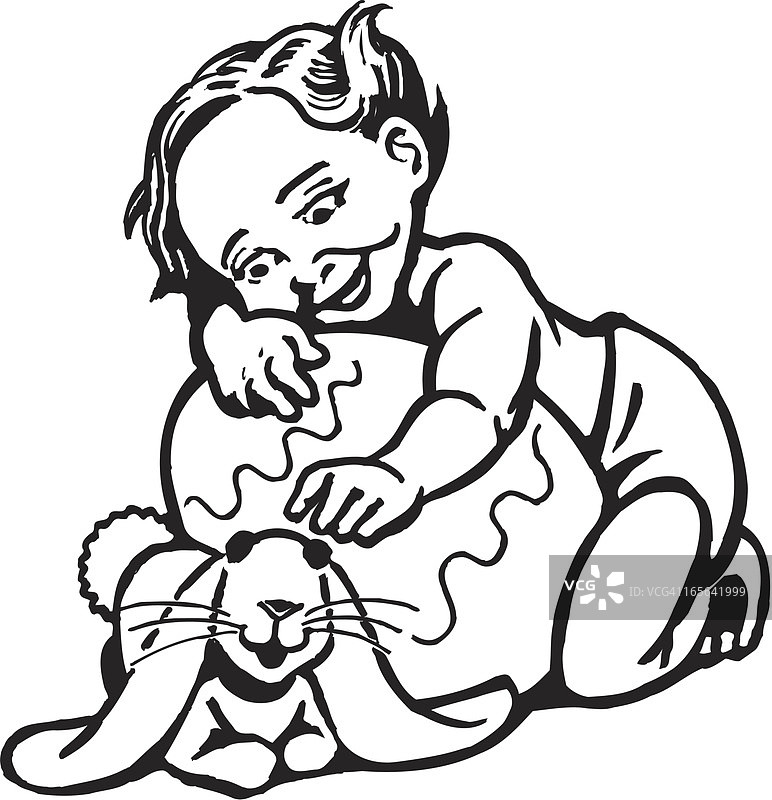 拿着复活节彩蛋和兔子的婴儿图片素材