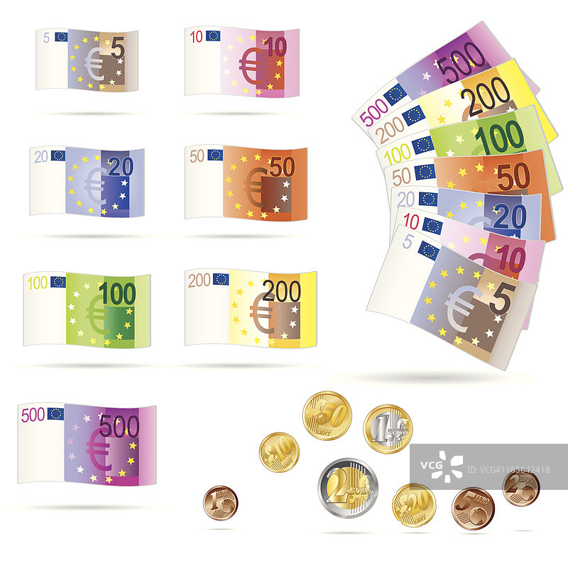 欧元纸币和硬币合集图片素材