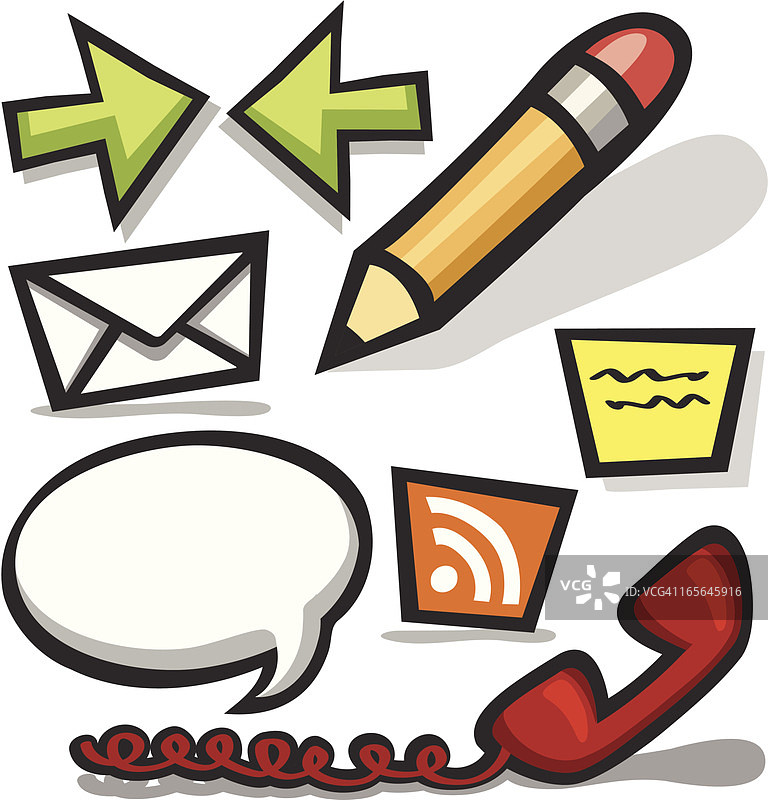 复古卡通通信网络图标：铅笔、邮件、RSS、通话、电话图片素材