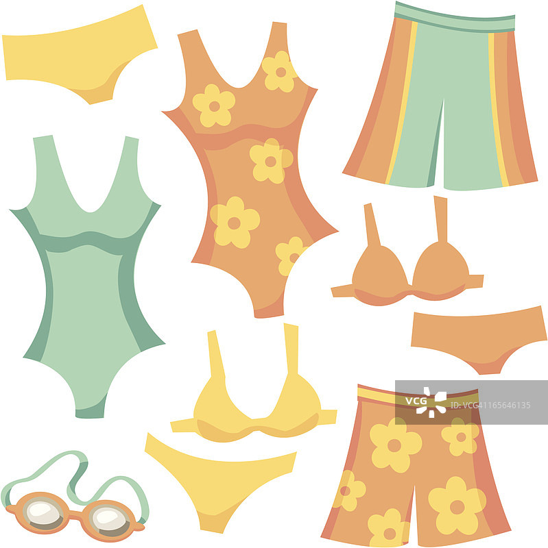 复古卡通泳装：短裤、背心、比基尼和护目镜图片素材