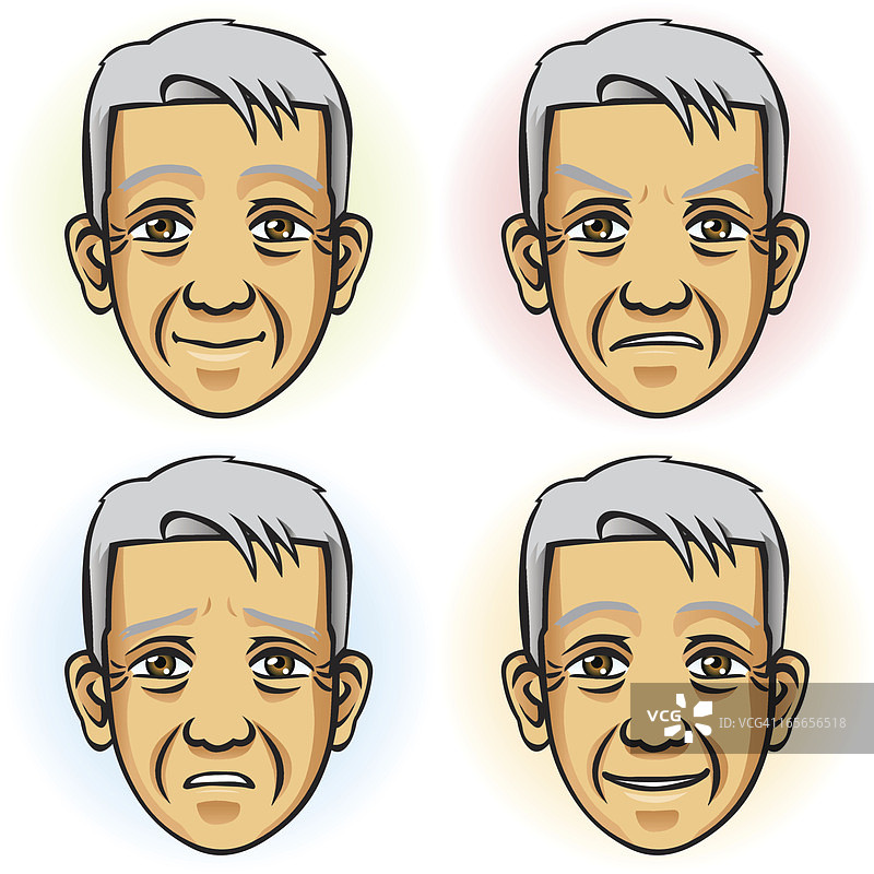 四种面部表情的年长的男子(亚裔)图片素材