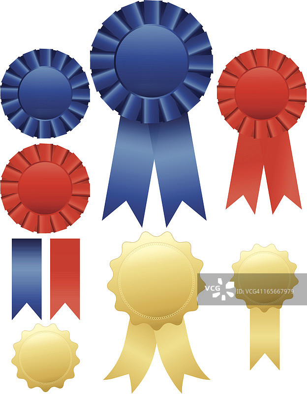 蓝色、红色、金色丝带、花结、印章套装图片素材