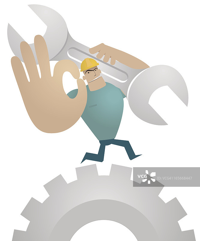 工人拿着扳手，在齿轮上做出OK手势图片素材