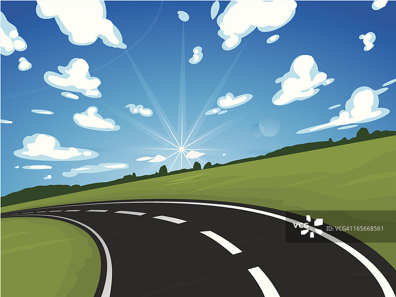 乡村道路和明亮蓝天白云动画图片素材