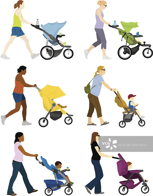 多位妈妈推着婴儿车的卡通图图片素材