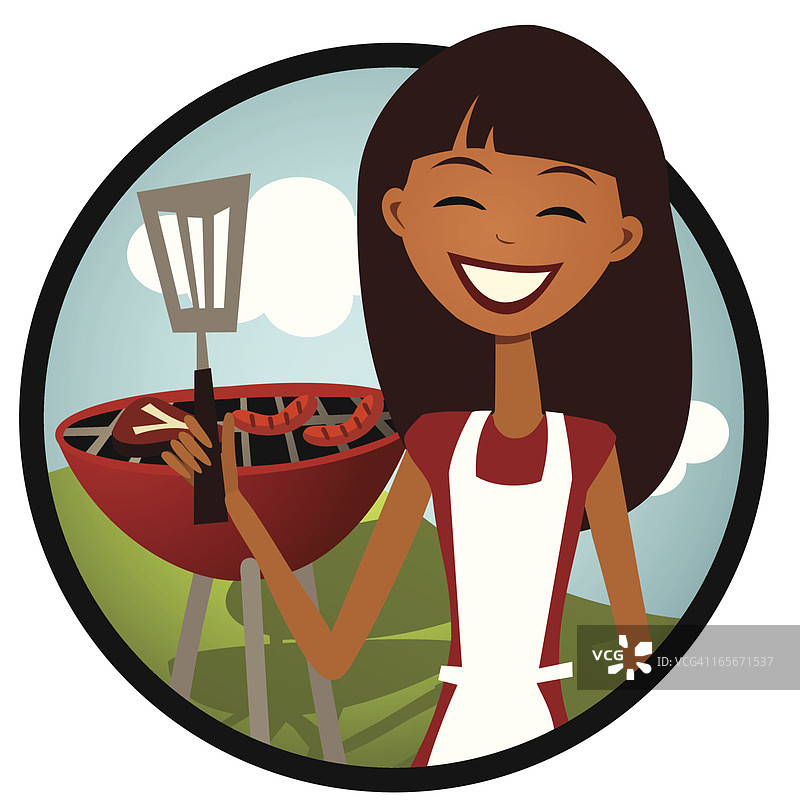 在烧烤架上烧烤的可爱微笑的女孩：复古风格图片素材