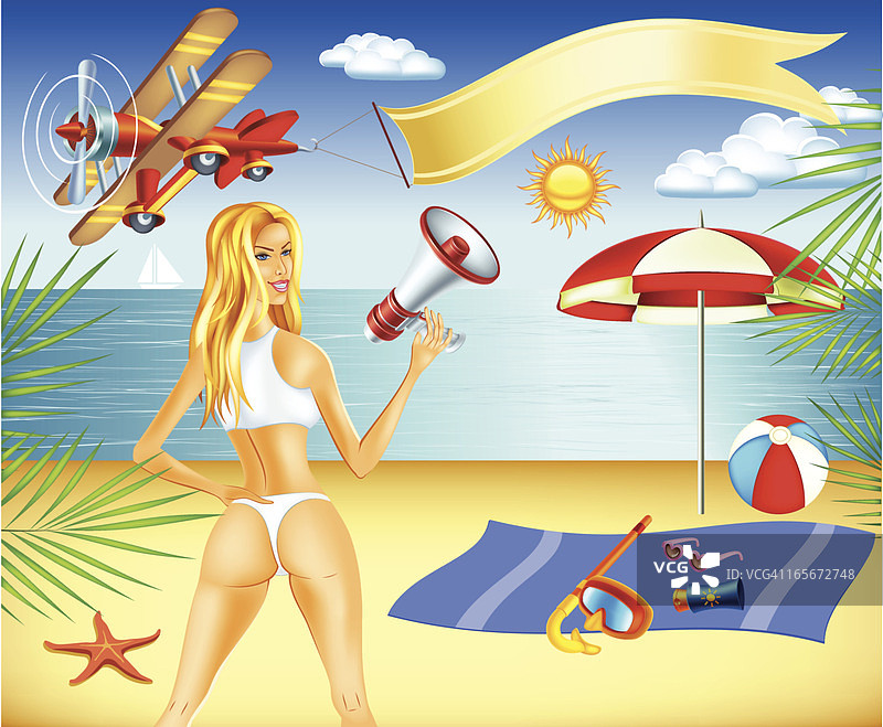 女人在海滩上拿着扩音器图片素材