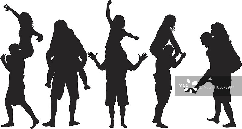 男子背着女孩的轮廓剪影图片素材