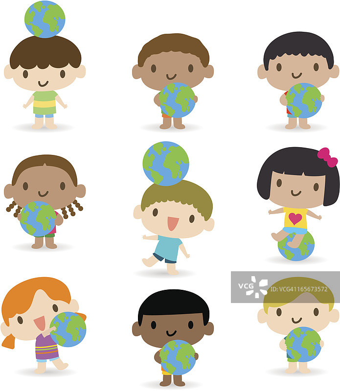 快乐微笑的多元文化儿童与地球图片素材