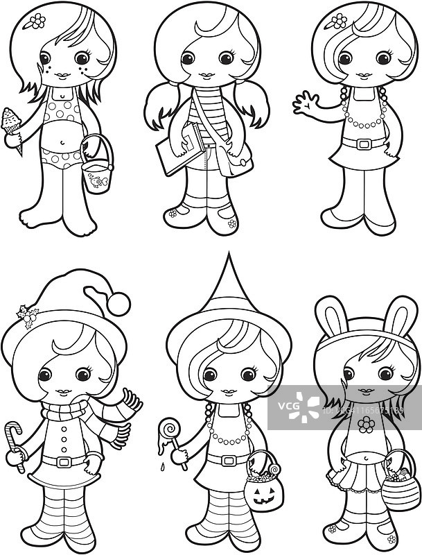 可爱的女孩涂色套装图片素材