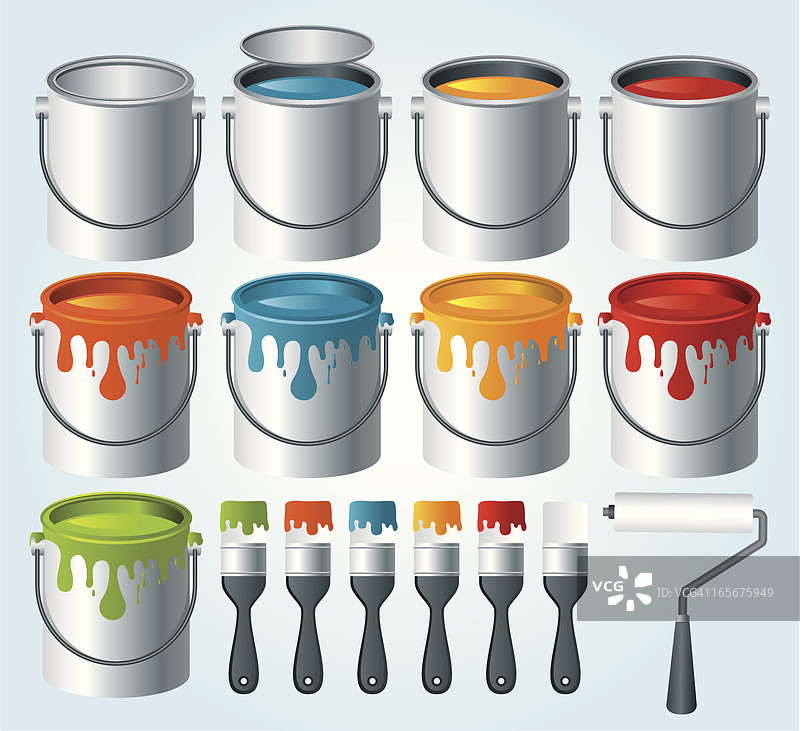 卡通不同颜色画笔与颜料罐图片素材