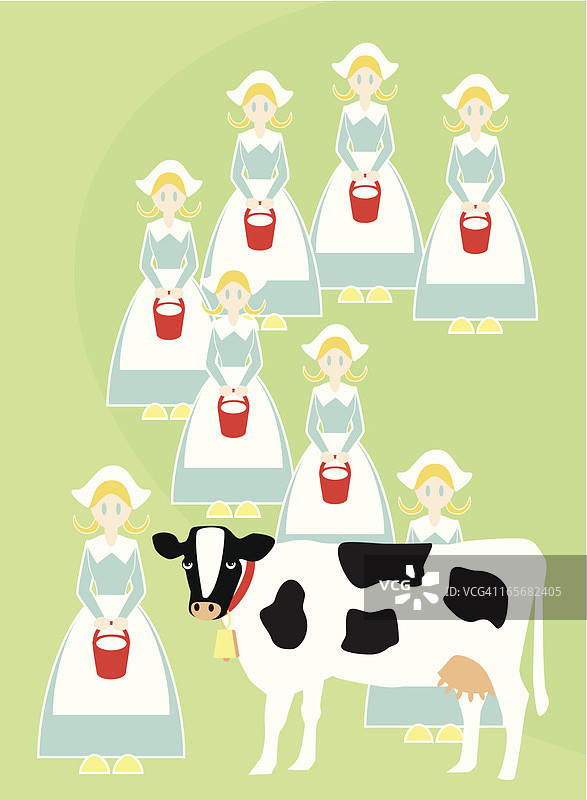 八位挤奶女工图片素材