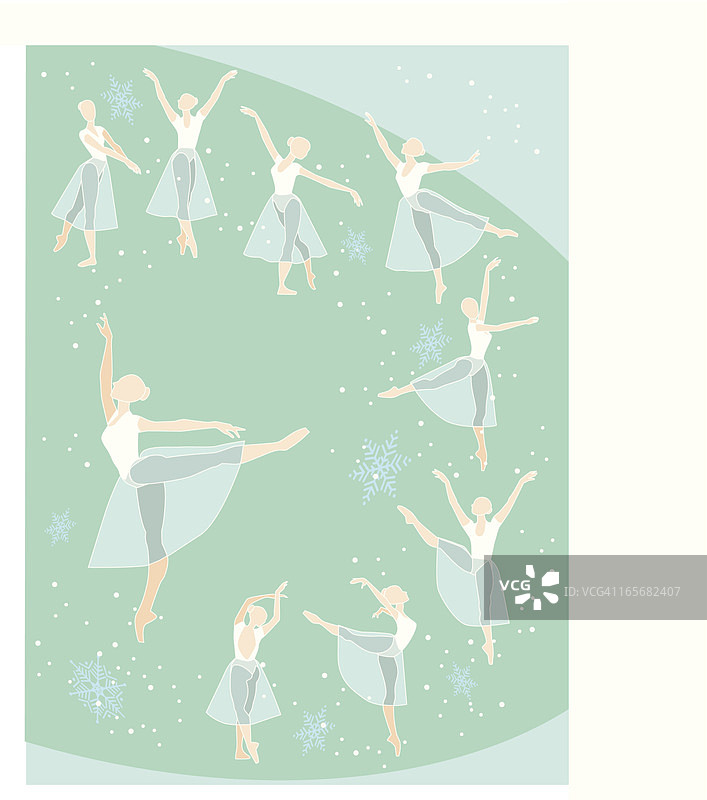 绿色圆圈内九名芭蕾舞演员插画图片素材