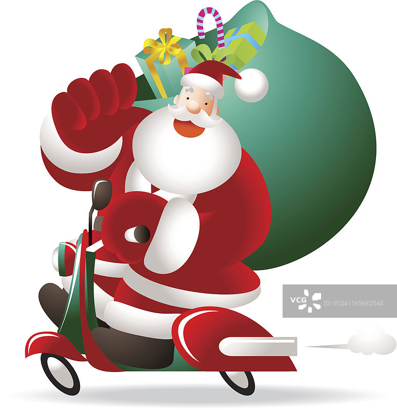 圣诞节：快乐的圣诞老人骑摩托车，拿着礼物袋图片素材