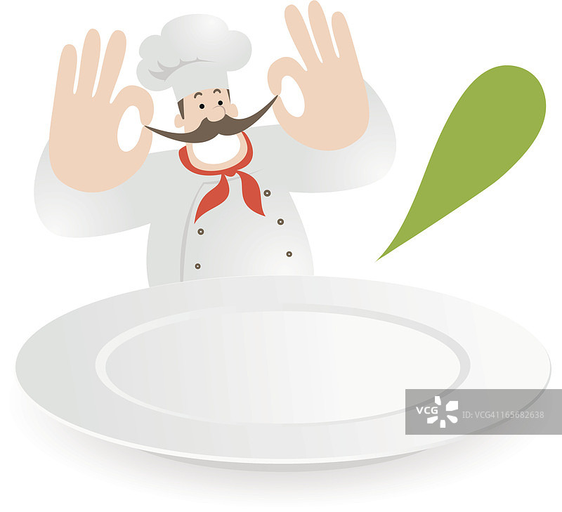 快乐的厨师摸着胡子，一个空白的餐盘图片素材