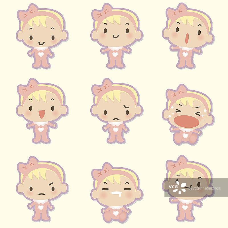 图标，表情符号 - 可爱女婴，哭泣，微笑，流口水，生气图片素材