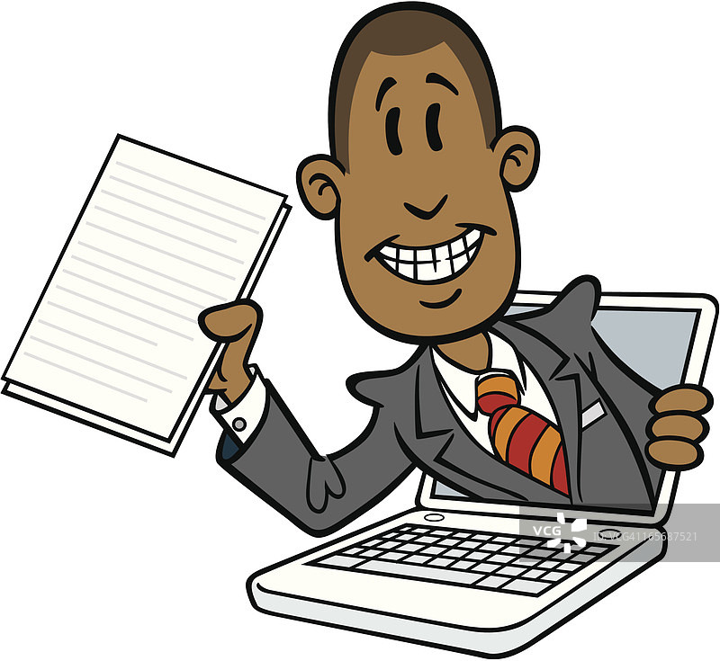 使用电脑的非裔美国卡通男子图片素材