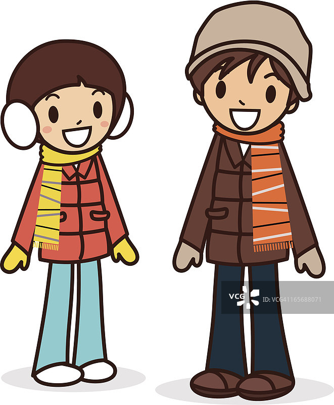 身穿冬装的快乐年轻男孩和女孩图片素材