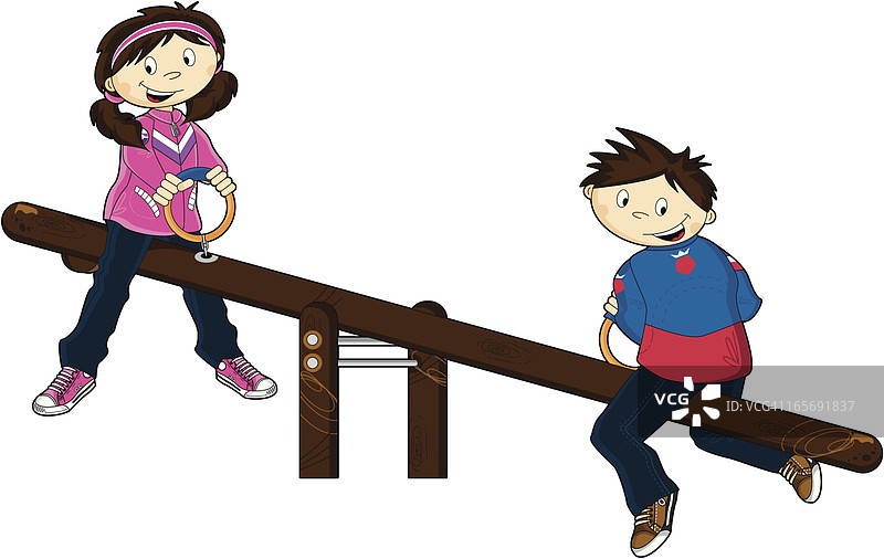 跷跷板上的男孩和女孩图片素材