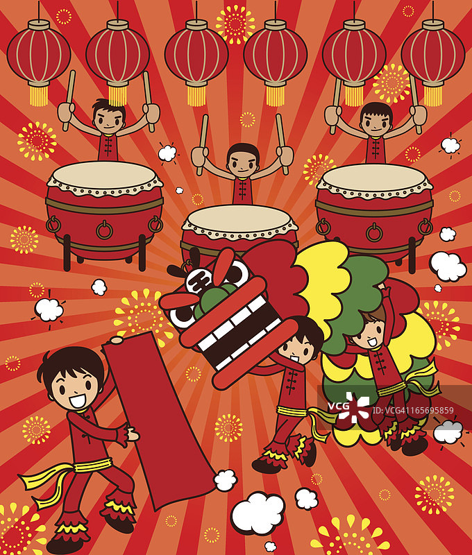 新年舞狮和大鼓表演图片素材