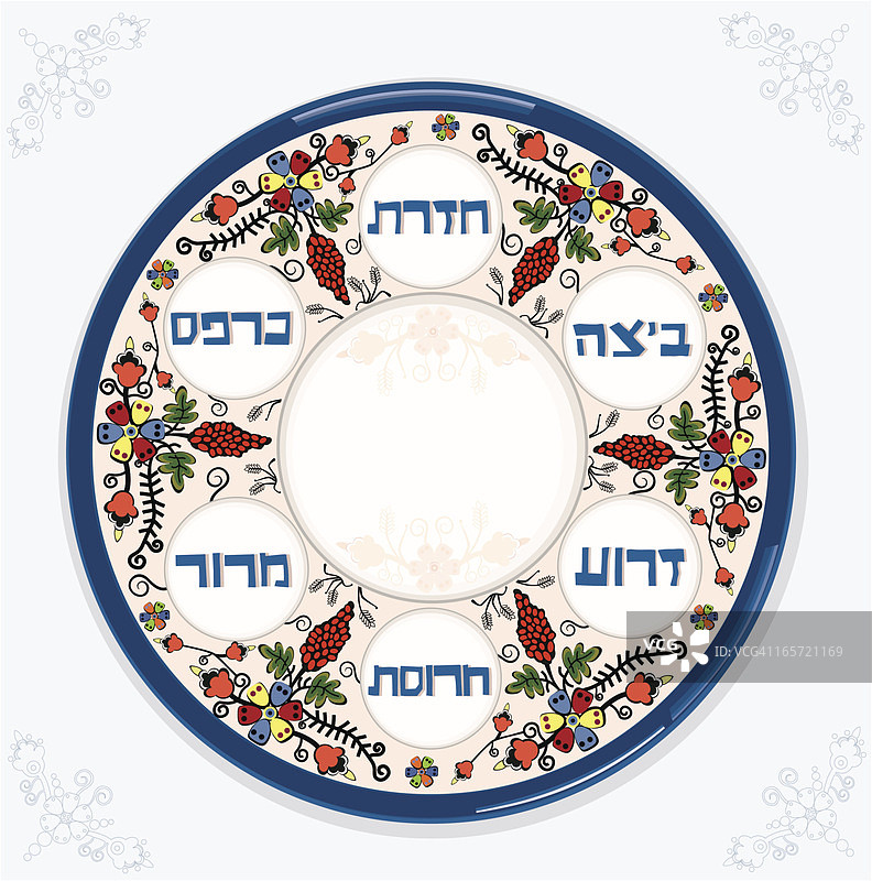 蓝色餐巾上的逾越节餐盘图片素材