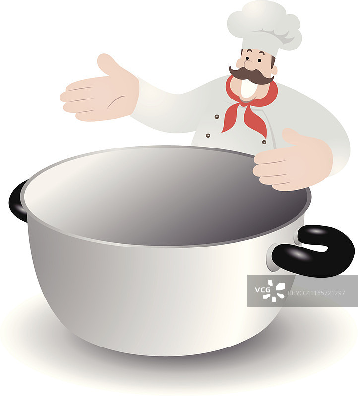 快乐的厨师想往沸腾的锅里放东西图片素材