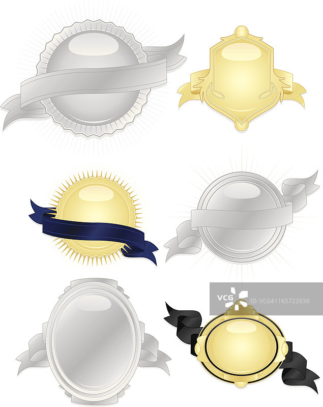 闪亮的银色、金色、黑色、蓝色丝带贴纸套装图片素材