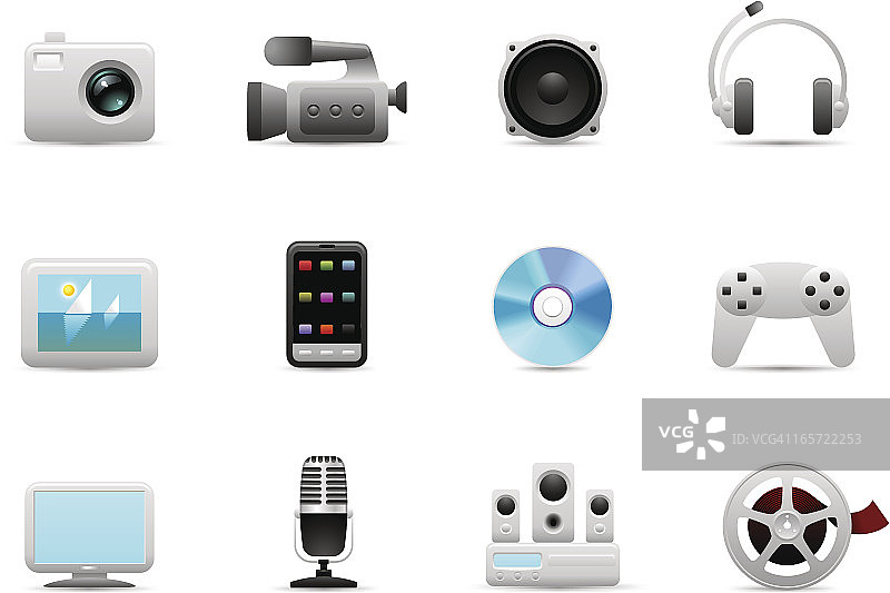 各种多媒体项目的图形缎面图标图片素材
