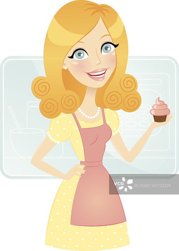 手捧纸杯蛋糕的可爱家庭主妇图片素材