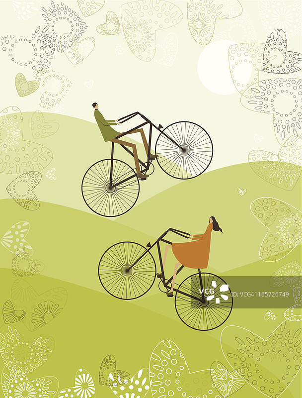 情侣骑自行车穿过山脉的插图图片素材