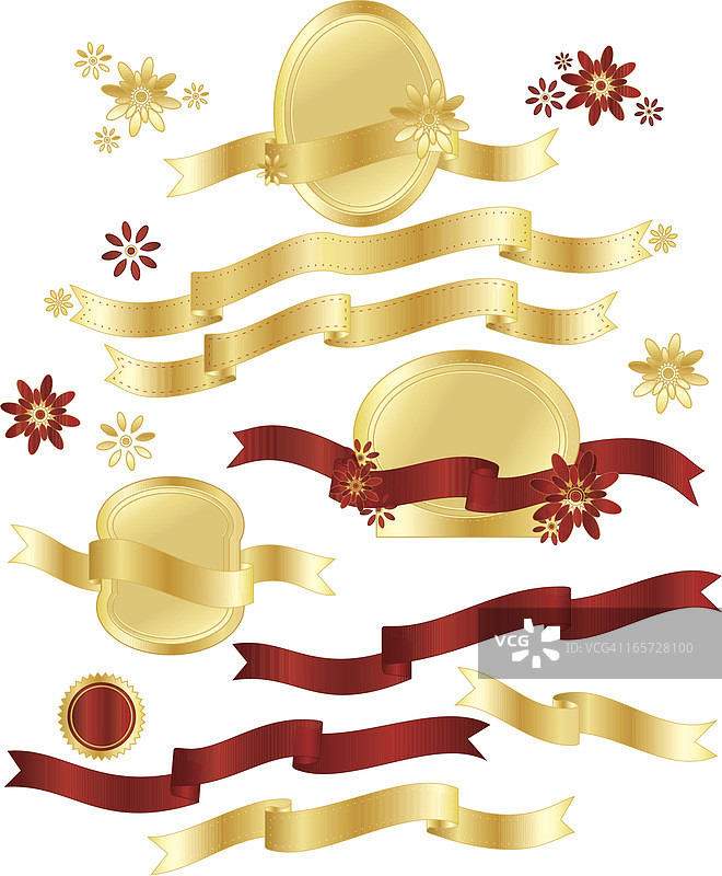 闪亮红色、金属金色鲜花banner、彩带、贴纸套装图片素材