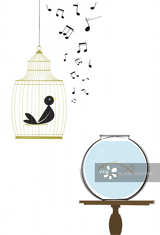 鸣叫的小鸟和金鱼图片素材