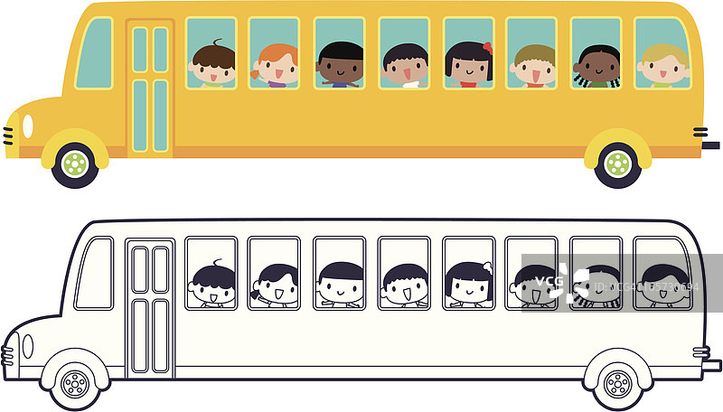 快乐微笑的多元文化儿童乘坐校车图片素材