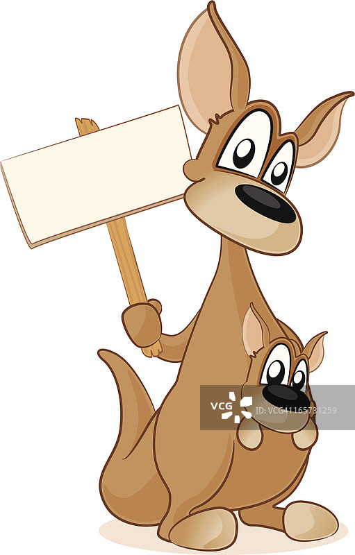 袋鼠和袋鼠宝宝拿着空白标牌图片素材