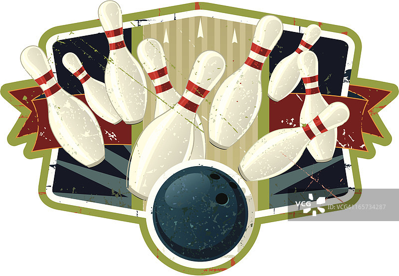 复古保龄球徽章，球击倒球瓶图片素材