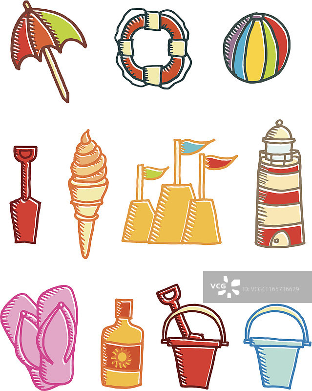 手绘胶印海滩和夏季图标图片素材