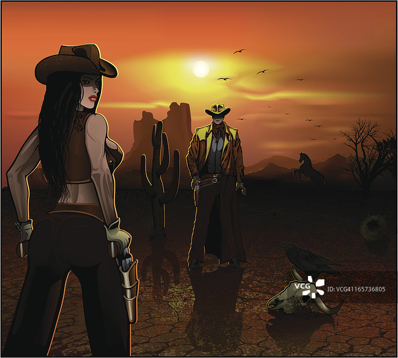 牛仔和女牛仔的决斗图片素材