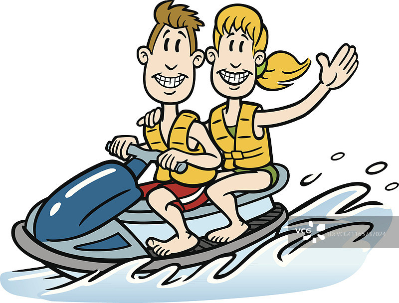卡通情侣在水上摩托艇上图片素材