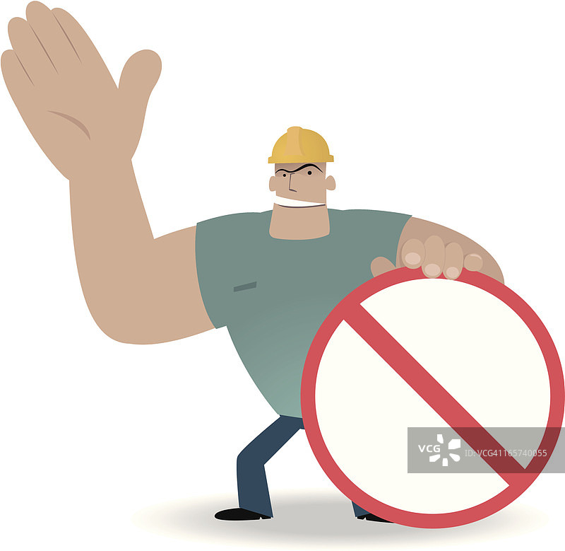 工人展示禁止标志和安全警告图片素材
