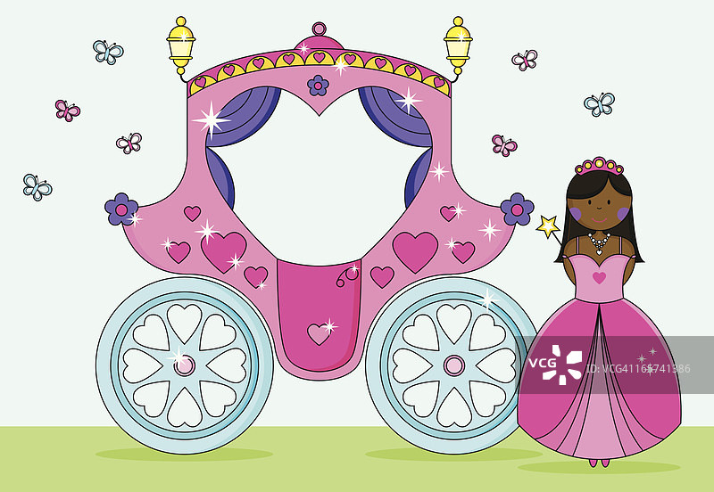 穿着舞会礼服的公主与童话般的心形马车和蝴蝶图片素材