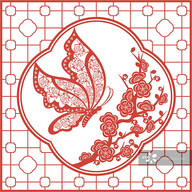 蝴蝶采蜜中国剪纸艺术画框图片素材