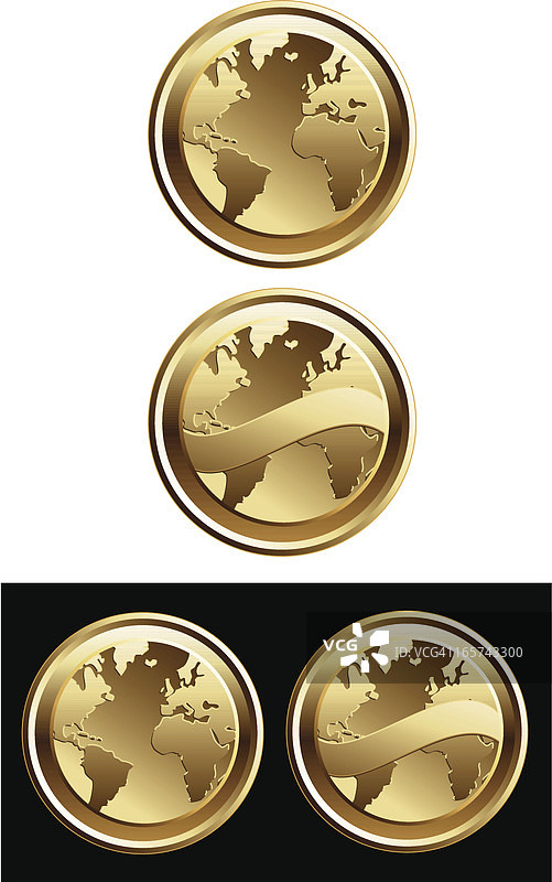 带有世界地图和卷轴设备的金币矢量图标图片素材
