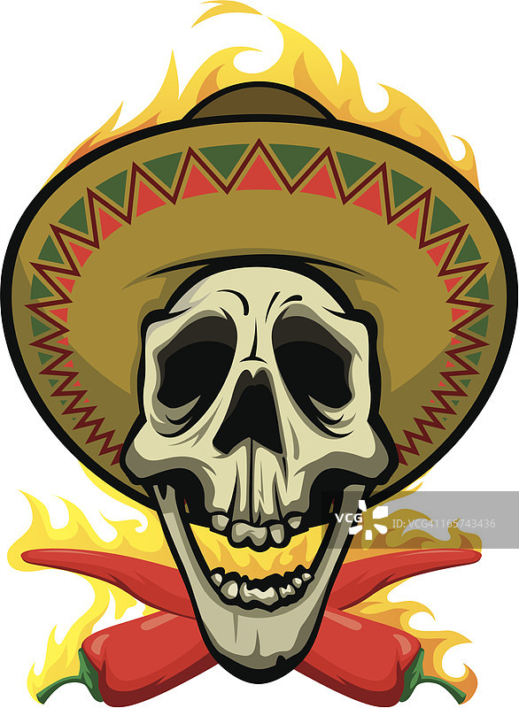戴着墨西哥帽的尖叫骷髅矢量图（火焰背景）图片素材