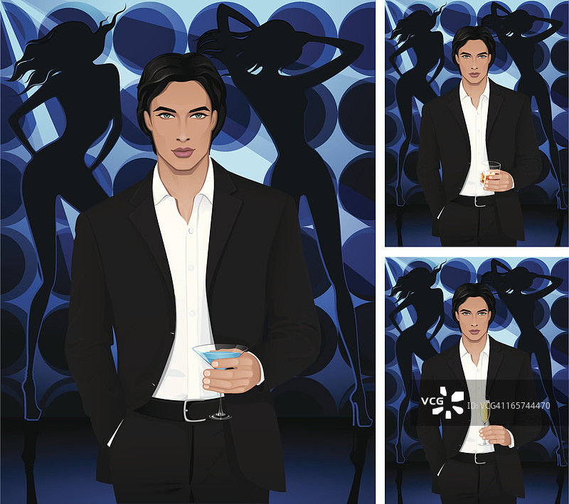 手持蓝色马提尼或干邑白兰地和香槟的男人图片素材