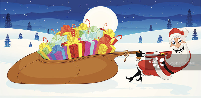 圣诞老人拖着装满礼物的袋子图片素材