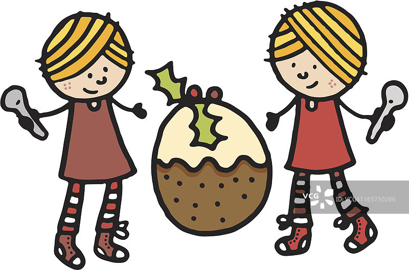 两名女孩拿着勺子和一个大型圣诞布丁图片素材