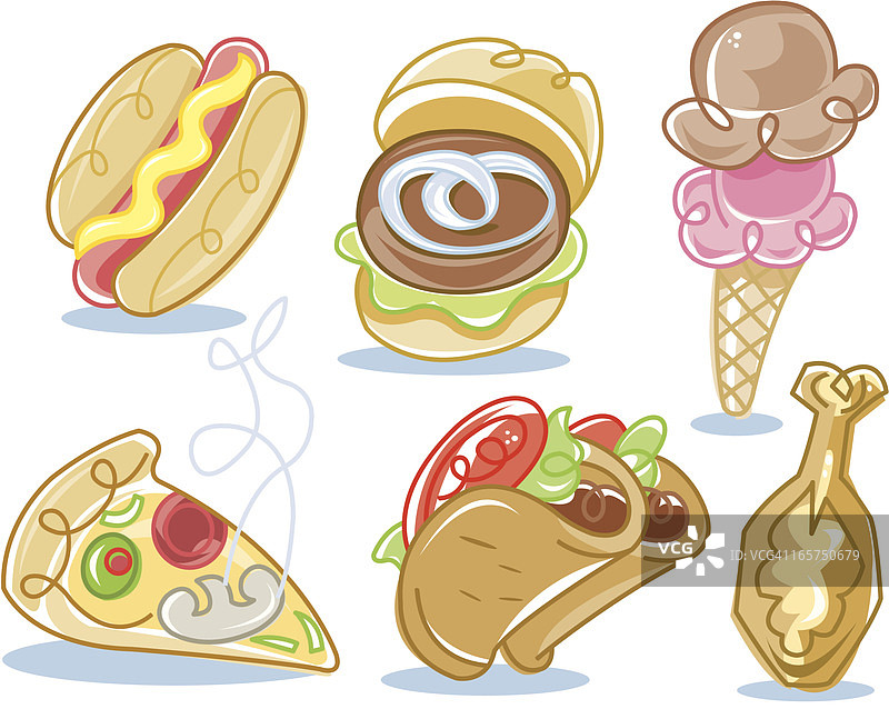 垃圾食品：披萨、热狗、冰淇淋、炸鸡图片素材