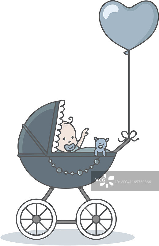 婴儿车里的新生男婴与心形气球图片素材