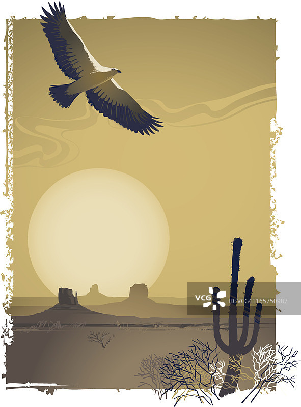 日落时分飞越沙漠的草原插画图片素材